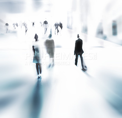 Buy stock photo Crowd, blur or commute in rush hour to travel, walk or hurry to corporate, office or job on mockup. People, time or speed as busy, professional or workforce in employment on abstract white background