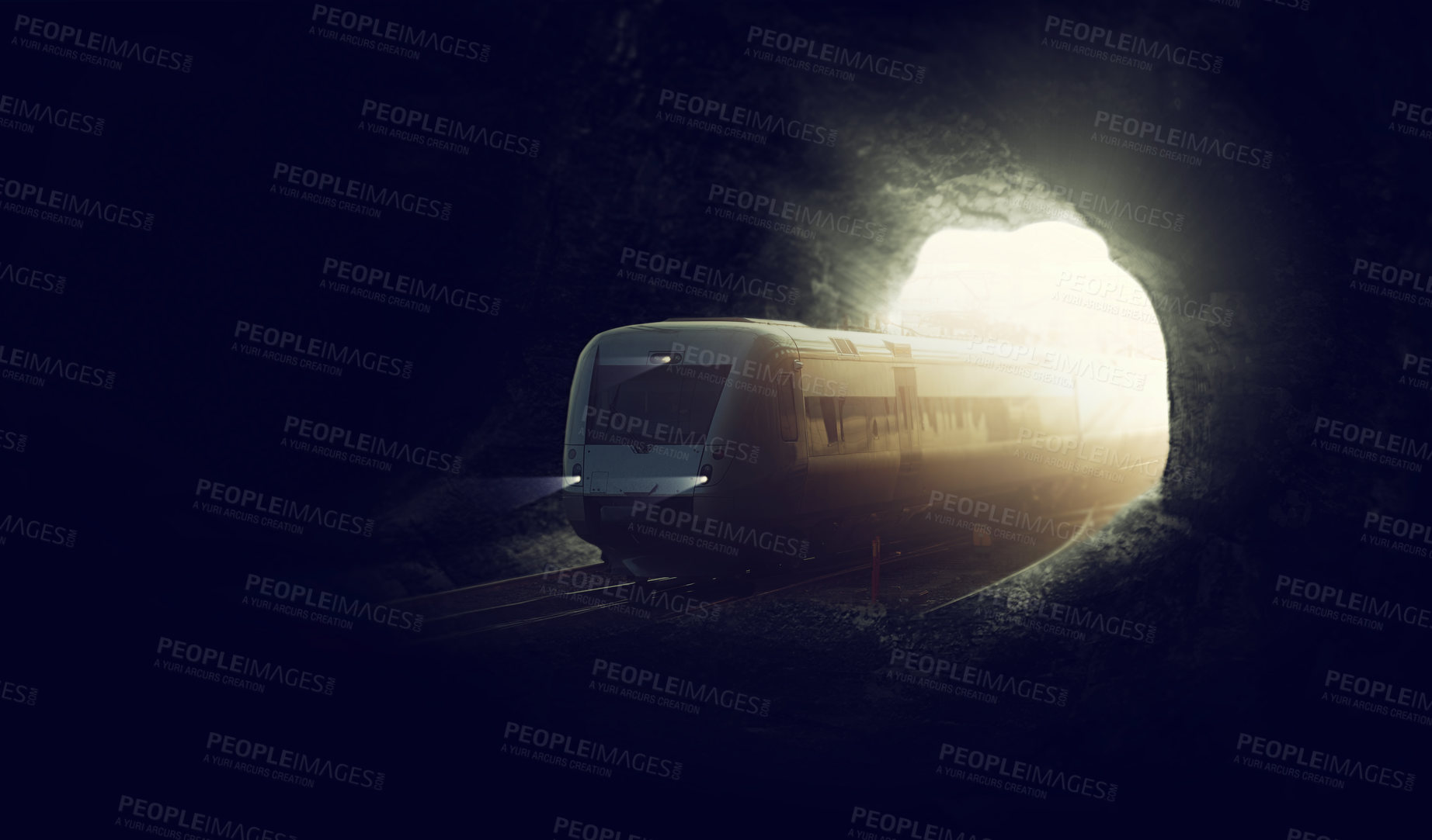 Buy stock photo Tunnel, train or transportation as future or urban, travel or cave mockup on black background. Tracks, entrance or underground as lights, carriage or speed in motion in mountain subway for journey