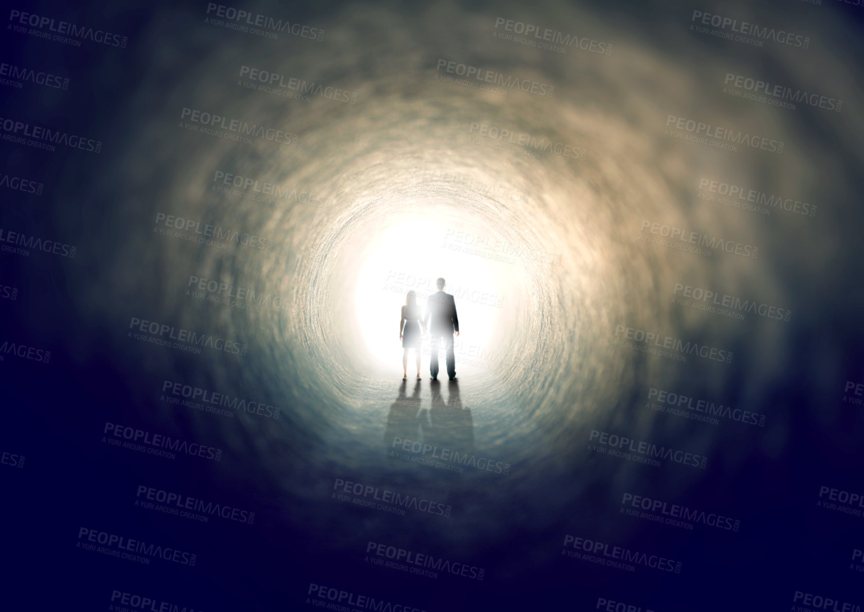 Buy stock photo A shot of two people finding an exit from a dark tunnel - ALL design on this image is created from scratch by Yuri Arcurs'  team of professionals for this particular photo shoot