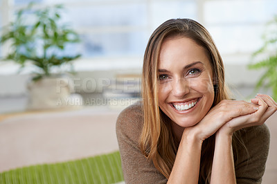 Buy stock photo Woman, portrait and smile for home calm on weekend in apartment for resting holiday, vacation or peace. Female person, face and happiness in living room for comfortable morning, relaxing or leisure
