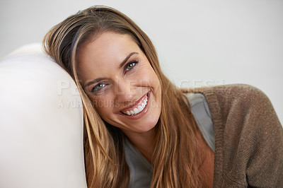 Buy stock photo Portrait, home and relax with woman, smile and happiness with weekend break and peaceful in a living room. Face, apartment and girl with cheerful person and joyful with confidence, calm and resting