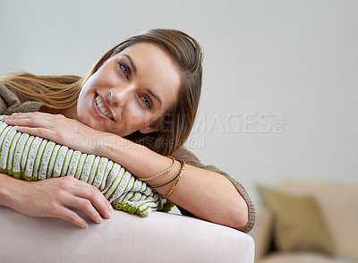 Buy stock photo Happy, portrait and girl on sofa to relax for comfort or rest on Saturday afternoon, peace and unwind. Female person, calm and couch to lounge in living room for serenity, mindfulness and wellness.