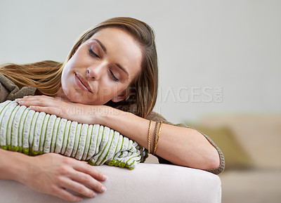 Buy stock photo Woman, sleeping and relax on sofa or calm weekend in living room or nap on couch, wellness or peace. Female person, exhausted and tired fatigue in apartment break or resting, comfort or stress relief