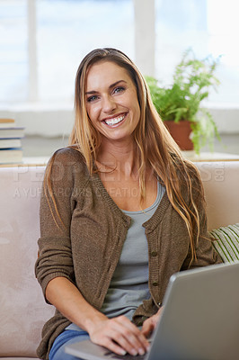 Buy stock photo Woman, portrait and laptop in home for relax holiday or entertainment for online streaming, internet or email. Female person, face and sofa in apartment living room for resting weekend, calm or house