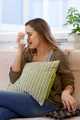 Buy stock photo Woman, crying and chocolate with emotional eating in apartment for mental health, depression or broken heart. Female person, tissue and tears or stressed grief with upset suffering, loneliness or sad