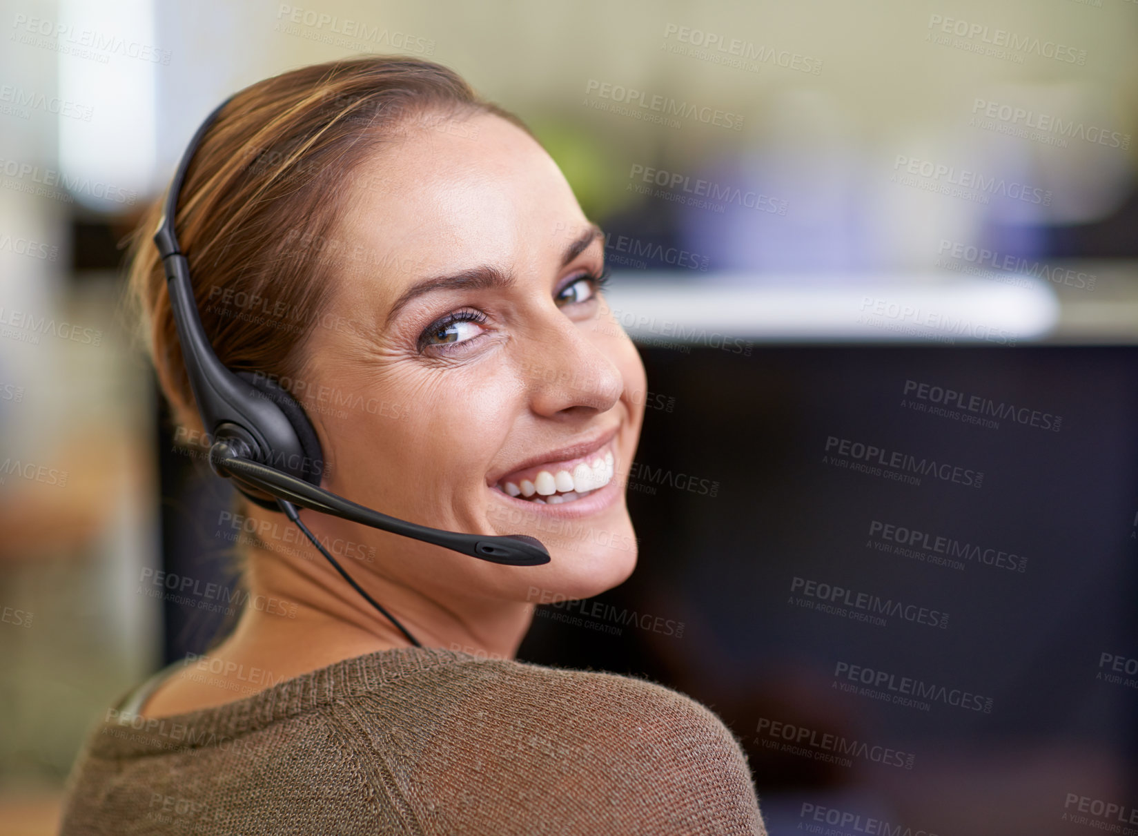 Buy stock photo Happy, portrait and consultant in call center for communication in customer service, crm and advice. Professional, woman and telemarketing employee in technical support with feedback for client