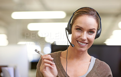 Buy stock photo Happy, portrait and woman in call center for communication in customer service, crm and consultant with advice. Professional, telemarketing and employee in technical support with feedback for client