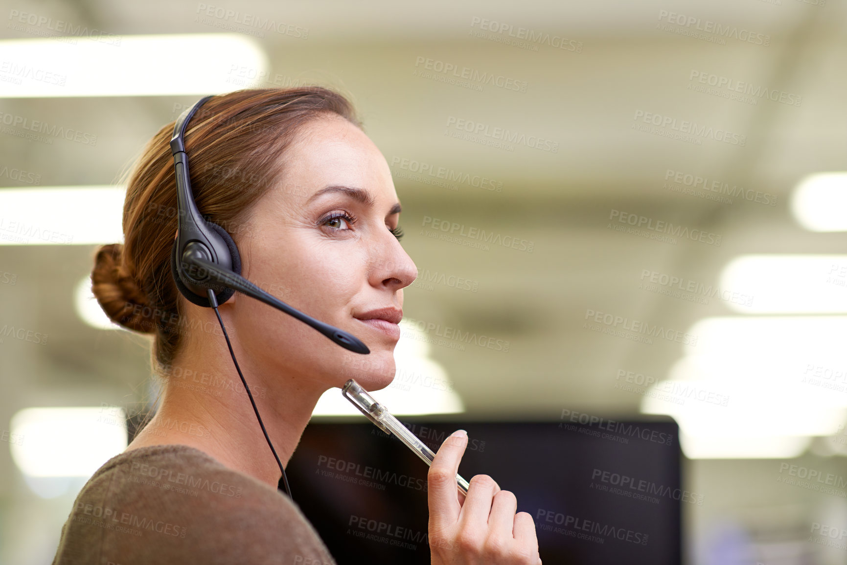 Buy stock photo Woman, thinking and consultant in call center for communication in customer service, crm and helping. Professional, telemarketing and employee with solution in technical support or planning feedback