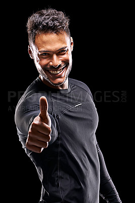Buy stock photo Fitness, portrait and man in studio with thumbs up, confidence and workout routine for health, wellness and power. Yes, pride and strong bodybuilder on black background for exercise, results and care