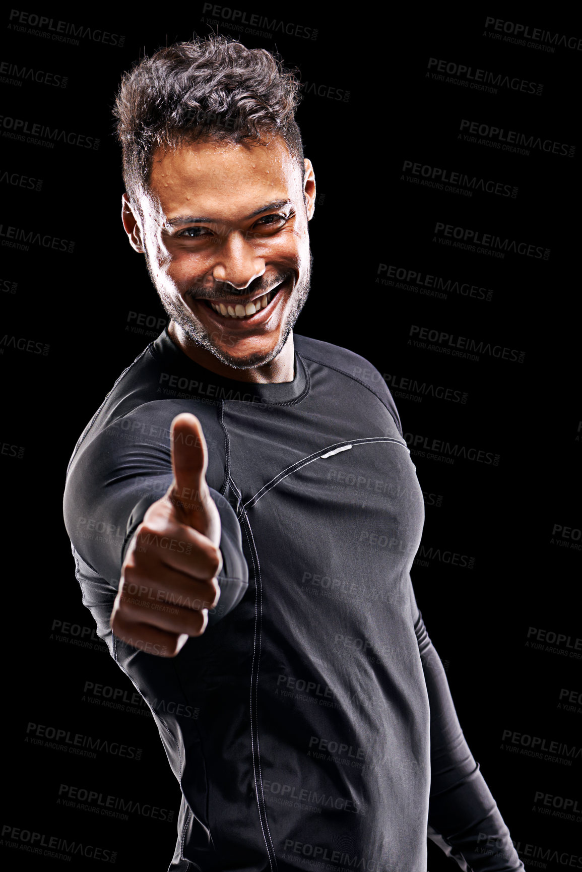 Buy stock photo Fitness, portrait and man in studio with thumbs up, confidence and workout routine for health, wellness and power. Yes, pride and strong bodybuilder on black background for exercise, results and care