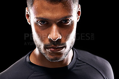 Buy stock photo Exercise, portrait and athlete man in studio for competition, challenge or workout with black background. Sport, serious and face of male model person for fitness strength, training and wellness