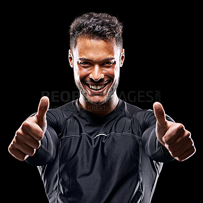 Buy stock photo Fitness, portrait and happy man in studio with thumbs up, confidence and workout routine for health, wellness and power. Yes, pride and bodybuilder on black background for exercise, results and care
