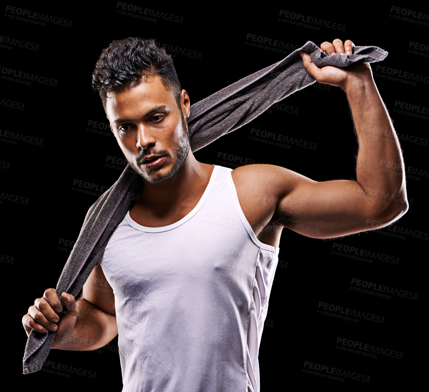 Buy stock photo Fitness, towel and man in studio with muscle, confidence and workout routine in health, wellness and power. Flexing, pride and strong athlete on black background for exercise, results and self care