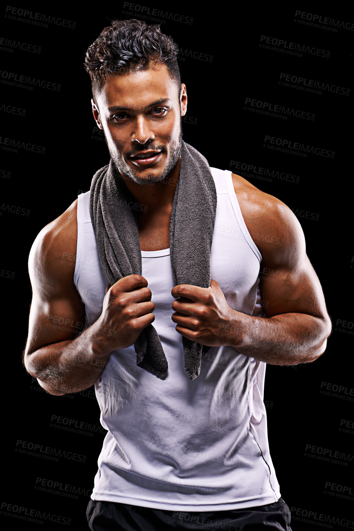 Buy stock photo Fitness, portrait and strong man in studio with muscle, confidence and workout for health, wellness and power. Smile, towel and athlete on black background for exercise, results and sports challenge