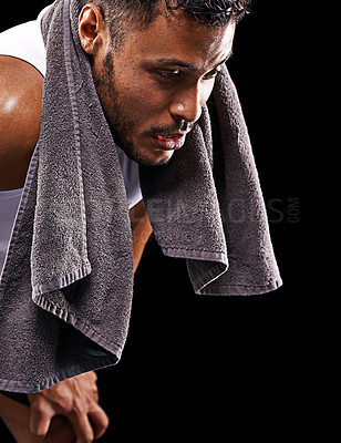 Buy stock photo Fitness, relax and face of man with towel, sweat and exhausted commitment to muscle workout. Air, studio and tired athlete on black background for exercise, breathing and fatigue in morning training.