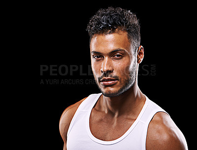 Buy stock photo Fitness, confident and portrait of man on black background for exercise, training and intense workout. Bodybuilder, sports and face of serious person for performance, wellness and health in studio