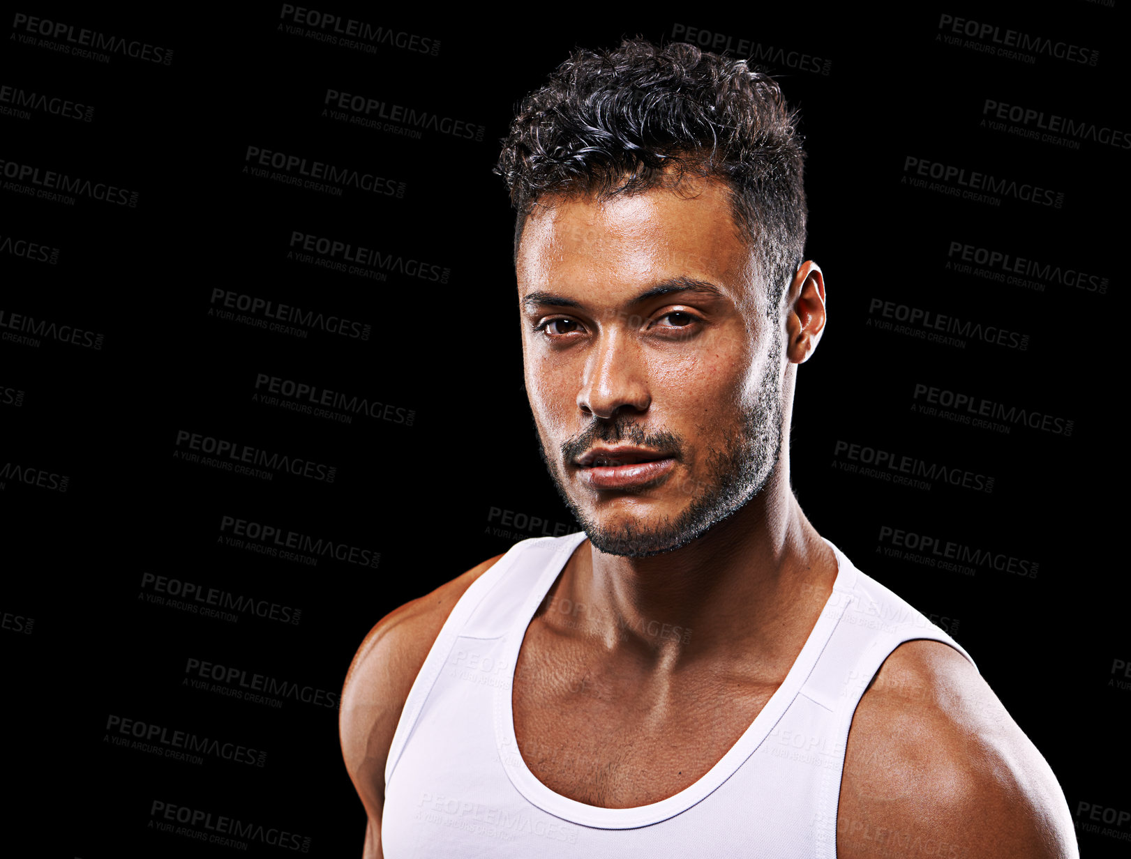 Buy stock photo Fitness, confident and portrait of man on black background for exercise, training and intense workout. Bodybuilder, sports and face of serious person for performance, wellness and health in studio