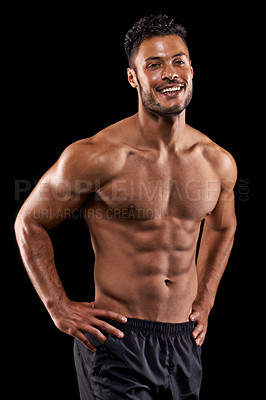 Buy stock photo Fitness, abs and man in happy studio with muscle, confidence and workout routine in health, wellness and power. Smile, pride and strong bodybuilder on black background for exercise, results and care