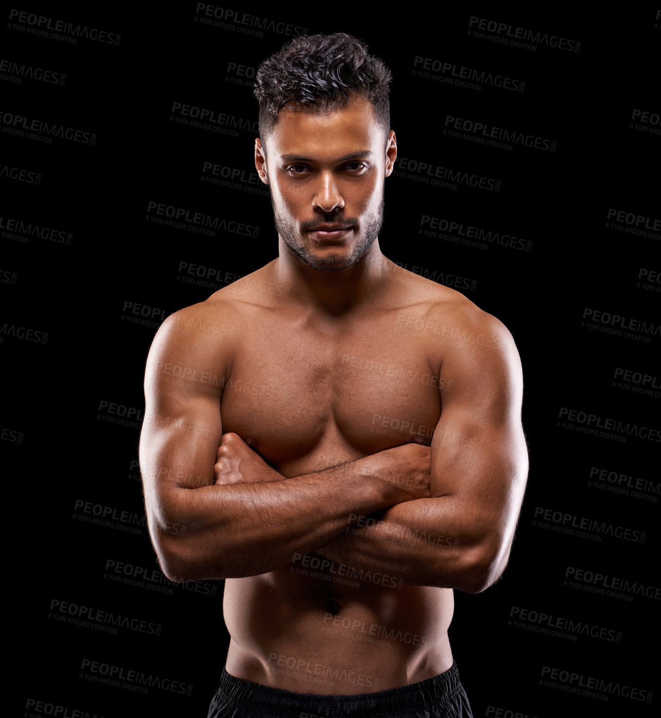 Buy stock photo Gym, portrait and man in studio with muscle, confidence and workout routine in health, wellness and power. Serious face, pride and strong athlete on black background for exercise, results and care