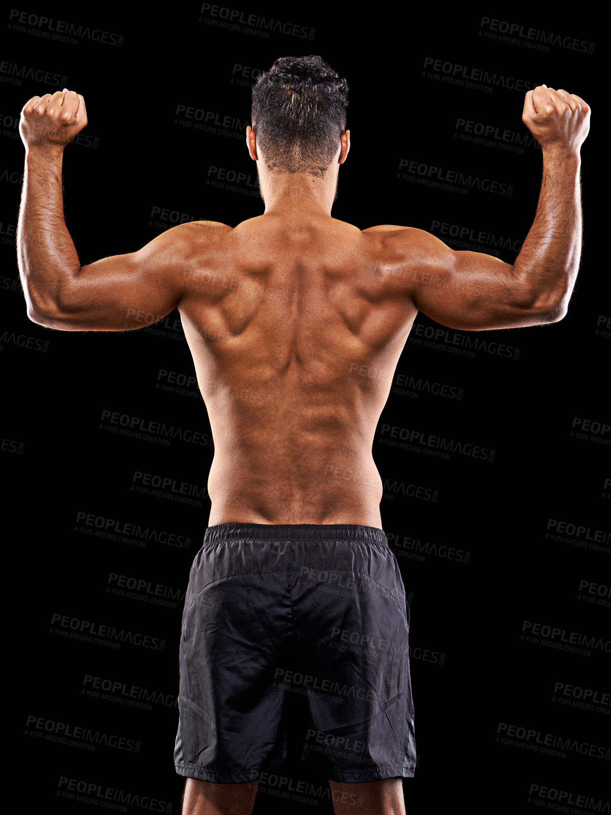 Buy stock photo Bodybuilder, back and man in studio with muscle, flex and workout routine for health, wellness and power. Strong, ripped athlete and fitness on black background for exercise, results or muscular body