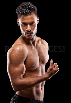 Buy stock photo Fitness, portrait and man in studio with flexing, confidence and workout routine in health, wellness and power. Arm muscle, pride and strong athlete on black background for exercise, results and care