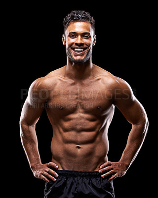 Buy stock photo Fitness, portrait and man in studio with happy smile, confidence and workout routine in health, wellness and power. Muscle, pride and strong athlete on black background for exercise, results and care
