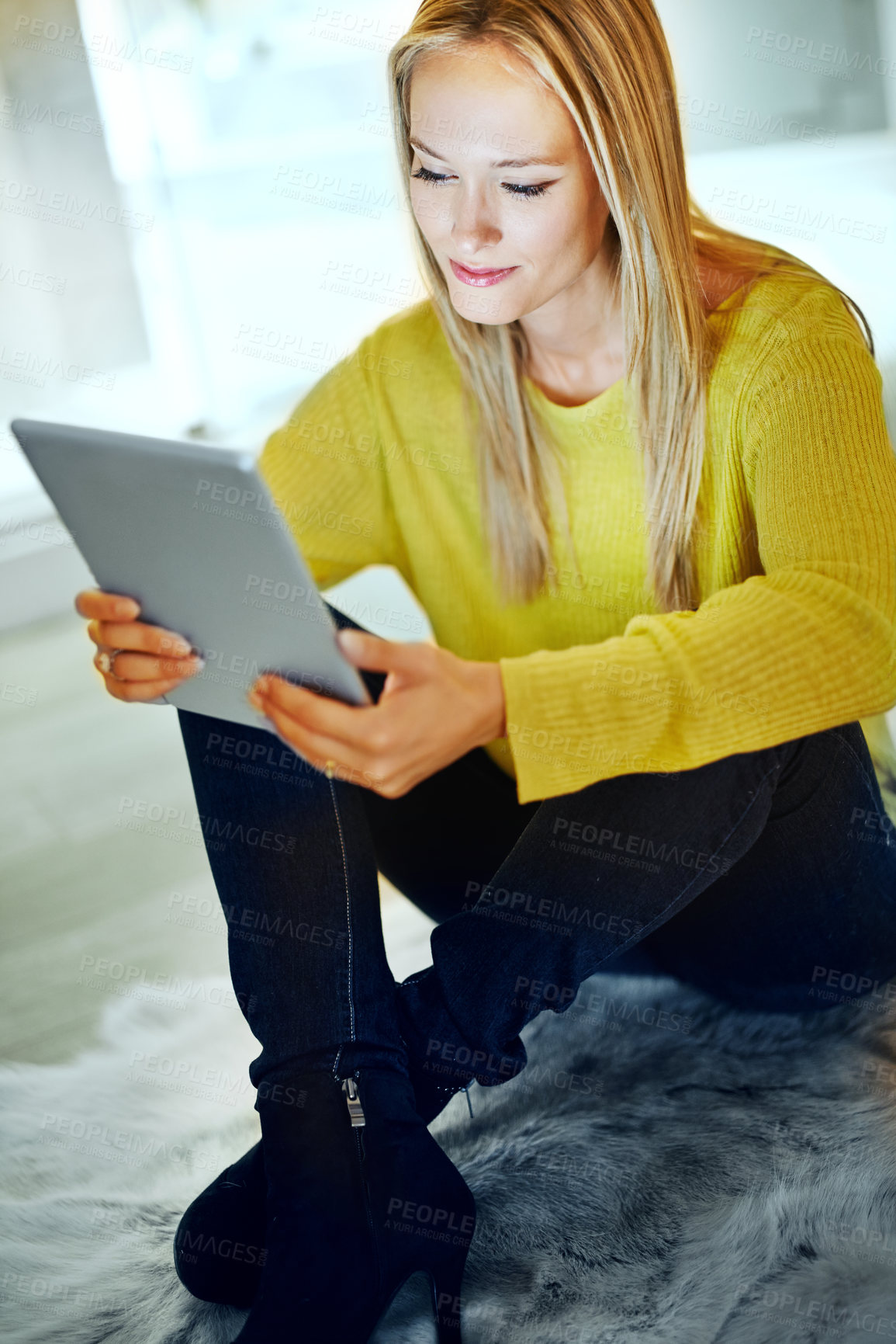 Buy stock photo Girl, tablet or search of streaming, ebook or social media on digital, website or software app. Smile, woman or computer to play, esports or gaming by email, sign up or blockchain on internet