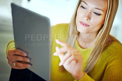 Buy stock photo Girl, tablet or search of software, download or sign up of gaming, blockchain or ebook on website. Woman, computer or surfing of app, blog or post as social media, ux or tech for iot network