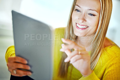 Buy stock photo Woman, tablet or scroll on social media at meme, gif or post as humor, joke or fun by internet app. Girl, computer or surfing as online ebook, video or news to search and relax as recreation