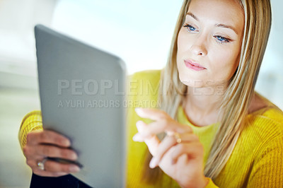 Buy stock photo Girl, computer or scroll to download, software or research of blockchain, web 3.0 or internet tech. Woman, tablet or surfing to sign up, blog or ebook as ux, digital or email communication on app