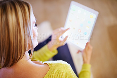 Buy stock photo Woman, screen or tap on software or social network or gaming in web, app or platform to sign up. Girl, tablet or scroll to connect, blockchain or technology to ebook, esports or download by streaming