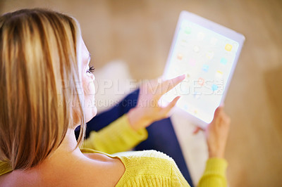 Buy stock photo Home, screen and woman with a tablet, communication and internet with digital app and relaxing. Apartment, girl and person with technology or website information with email notification and research