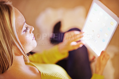 Buy stock photo Home, screen and woman with a tablet, connection and internet with digital app and research. Apartment, girl and person with technology or website information with email notification and social media