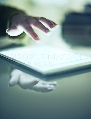Buy stock photo Hands, tablet and touch digital screen for connection or programming, software development and networking. Person, information technology and finger click for web or media, online and mirror effect.