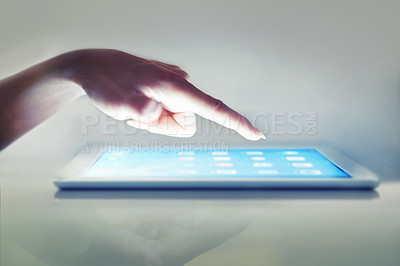 Buy stock photo Finger, tablet and click on screen in closeup for application, ui and choice for dashboard, internet or menu. Person, digital touchscreen and hand for scroll, typing or press with web, contact or ux