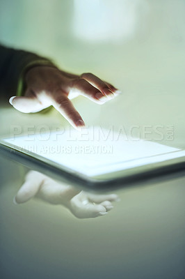 Buy stock photo Finger, tablet and touch digital screen for connection or programming, software development and networking. Person hands, information technology and click for web or media, online and planning