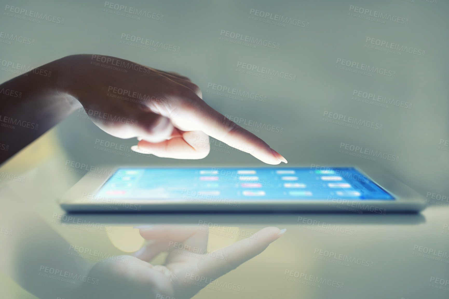 Buy stock photo Closeup, hand and woman with tablet, screen and typing with internet or social media with digital app. Person, technology or girl with research or connection with communication, email or website info