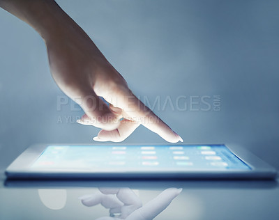 Buy stock photo Typing, hand and woman with tablet, screen and email with internet or social media with digital app. Person, technology or girl with research or connection with communication, closeup or website info