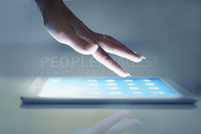 Buy stock photo Hand, tablet and click on screen in closeup for application, ui and choice for dashboard, internet or menu. Person, digital touchscreen and finger for scroll, typing or press with web, contact or ux