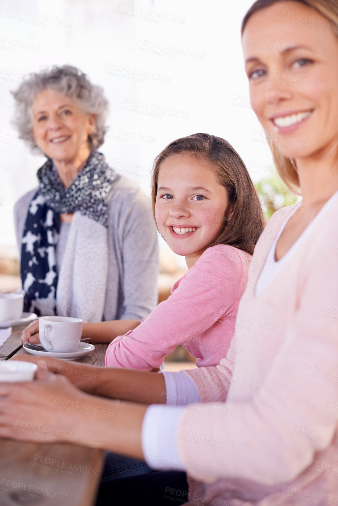 Buy stock photo Portrait, child and grandmother with tea together, generations in park for bonding with love. Family time, mother and happy grandma and smile for summer garden picnic, cups and teapot for beverage