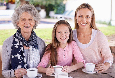 Buy stock photo Portrait, generations or woman to visit, relax or drink coffee in happy, family or bonding together. Grandma, child or mama in outdoor, cafe or smile in retirement, fun or hangout at weekend