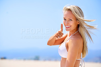 Buy stock photo Portrait, thumbs up and beach for female person, summer and positive in bikini. Confidence, smile and swimming costume with hand gesture for good, outdoor travel or vacation for seaside holiday 