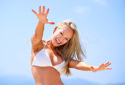 Buy stock photo Beach, blue sky and smile with woman, summer and cardio with getaway trip and excited with joy. Face, seaside and person with happiness and travelling with adventure and journey with fun and playing