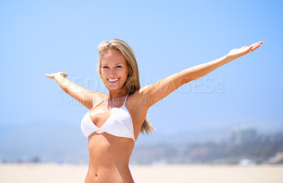 Buy stock photo Woman, beach and portrait on outdoor vacation, travel and calm satisfaction for sand and ocean. Female person, arms stretch and smile for holiday on weekend, nature and relax on tropical island