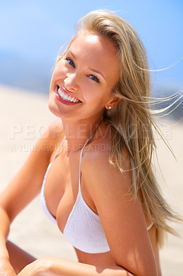 Buy stock photo Woman, happy and bikini in portrait at beach to relax, sunshine or tropical holiday by for tourism at seaside. Girl, smile and outdoor in swimwear, vacation or summer in nature with fashion in Miami