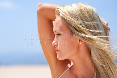 Buy stock photo Woman, beach and outdoor summer vacation, travel and calm satisfaction for peace and ocean. Female person, breeze and profile for holiday to sea on weekend, nature and relax on tropical island