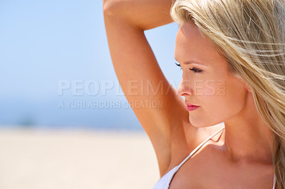 Buy stock photo Woman, sand and outdoor beach vacation, travel and summer satisfaction for peace and ocean. Female person, breeze and profile for holiday to sea on weekend, nature and relax on tropical island