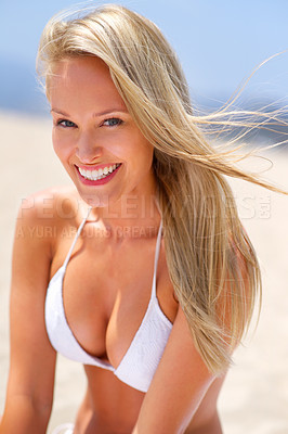 Buy stock photo Woman, beach and portrait on vacation, travel and calm satisfaction for peace and sand by ocean. Female person, breeze and happy on holiday to sea for weekend, nature and relax on tropical island