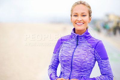 Buy stock photo Woman, runner and ready in portrait by beach, exercise and training for marathon in sportswear. Female person, outdoors and fitness for healthy body, jog and cardio challenge for active workout