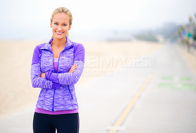 Buy stock photo Beach, portrait or woman with arms crossed for exercise, training or fitness workout in promenade. Confident, happy or sports athlete on road with smile ready to start practice at sea for wellness